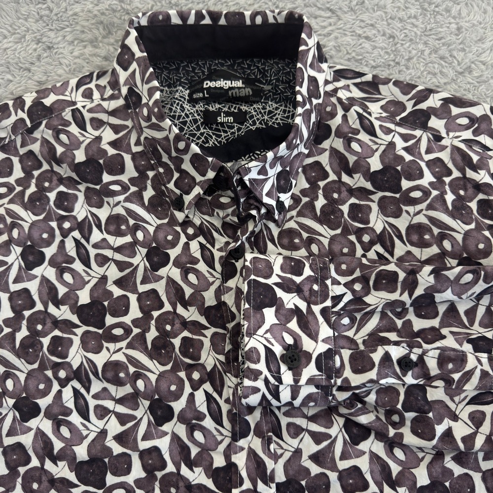 Desigual Man Slim Fit Floral Leaf‎ Print Cotton Button Down Shirt Black White L